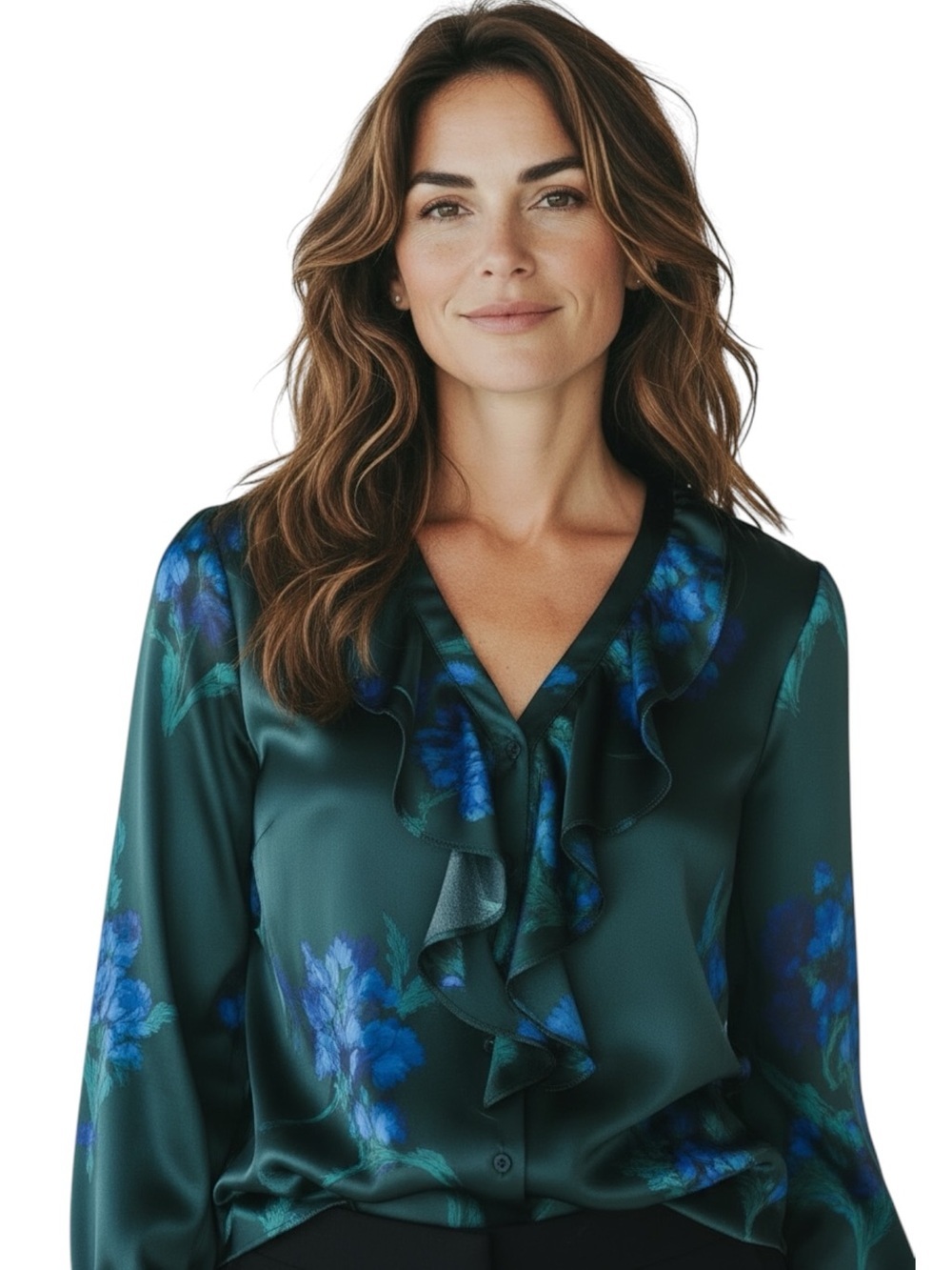 NWT WHITE HOUSE BLACK MARKET Green Floral Ruffle Long Sleeve Blouse Size Medium - Picture 2 of 7